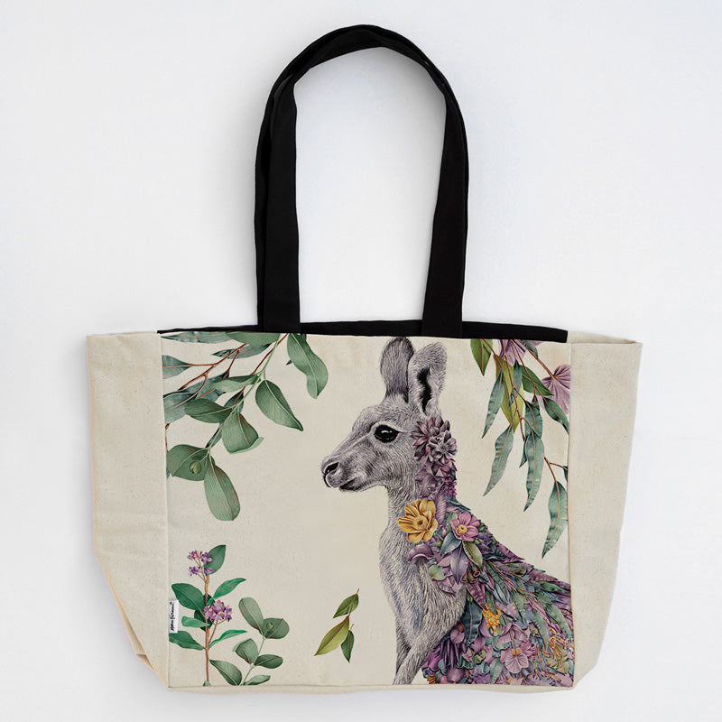Large Organic Cotton Canvas Tote Bag – Grey Kangaroo Portrait