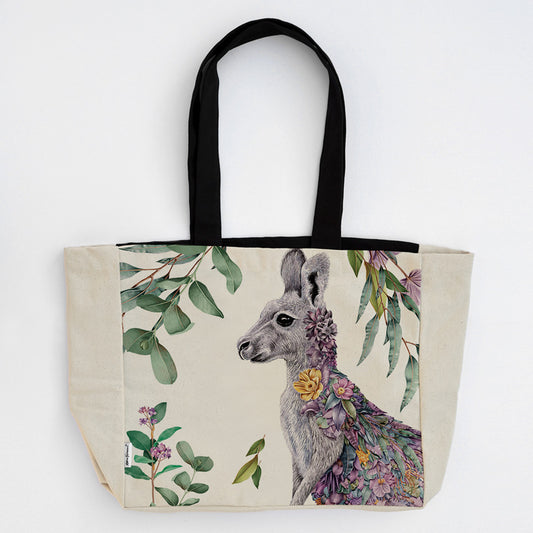 Large Organic Cotton Canvas Tote Bag – Grey Kangaroo Portrait