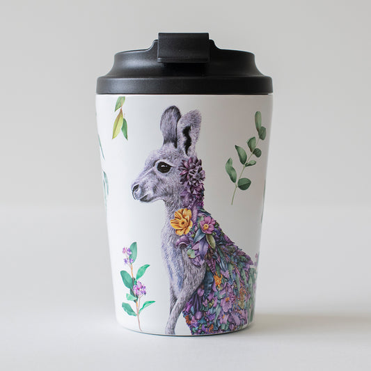Double Wall Insulated Travel Cup – Grey Kangaroo Portrait